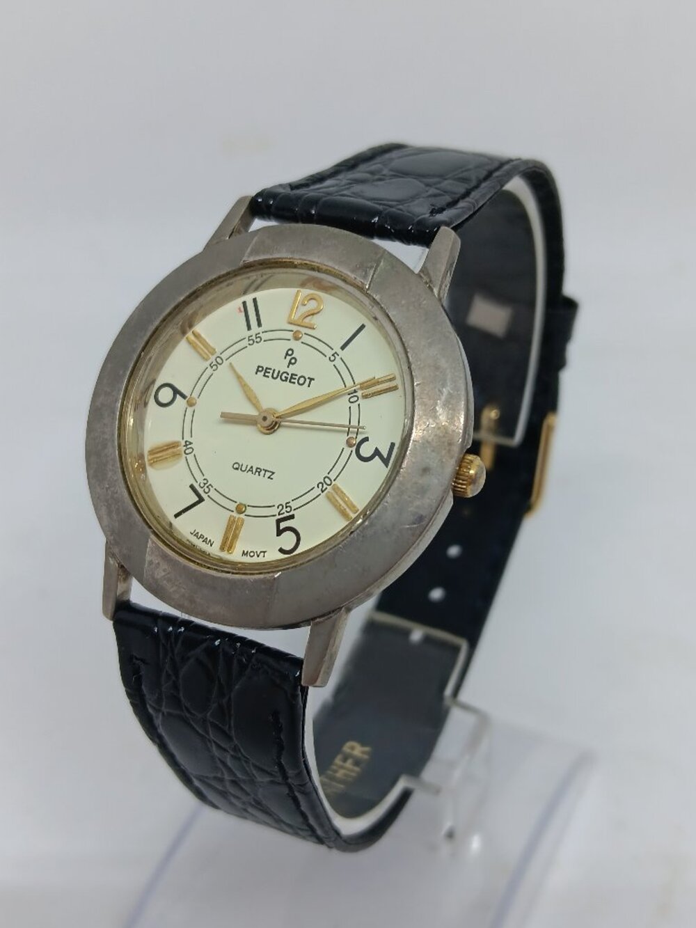 VINTAGE 1990s Peugeot 2043 Men's 34mm Cream Dial Japanese Quartz Watch NEW BATT